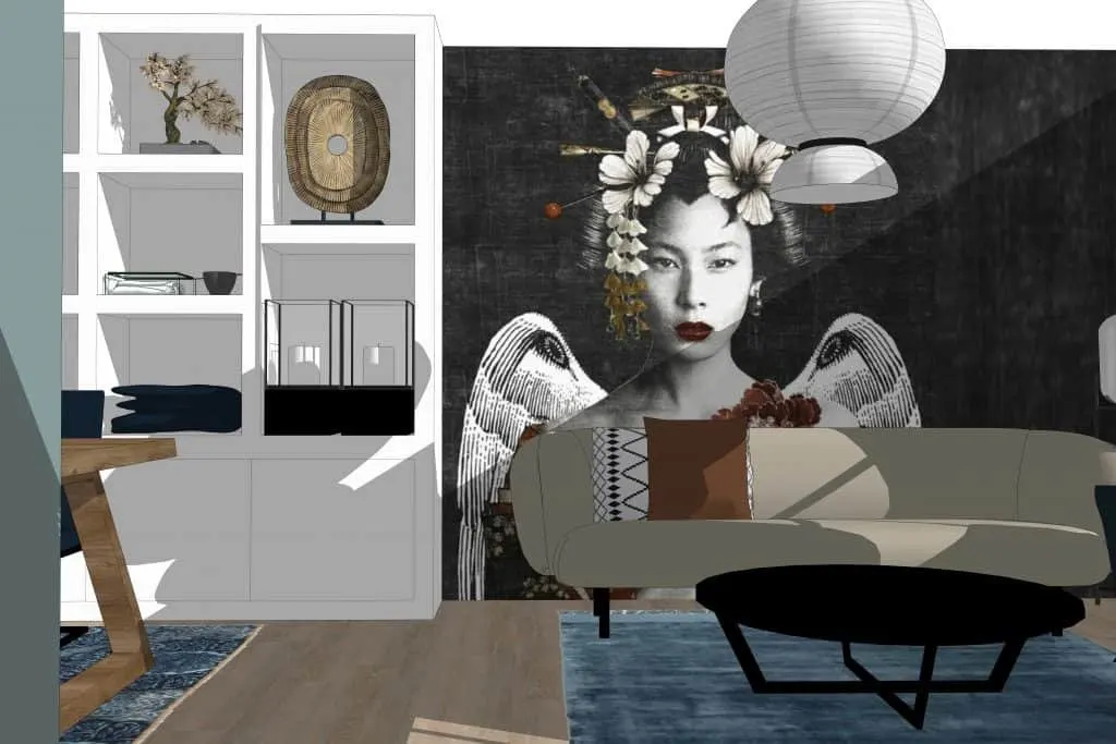 3D-ontwerp van een blauwe woonkamer in Japanse stijl